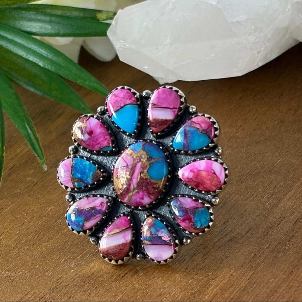 Pure Sterling Silver 925 Pink Dahlia Turquoise Cluster Ring 7 1/4 Navajo Style - Picture 5 of 11
